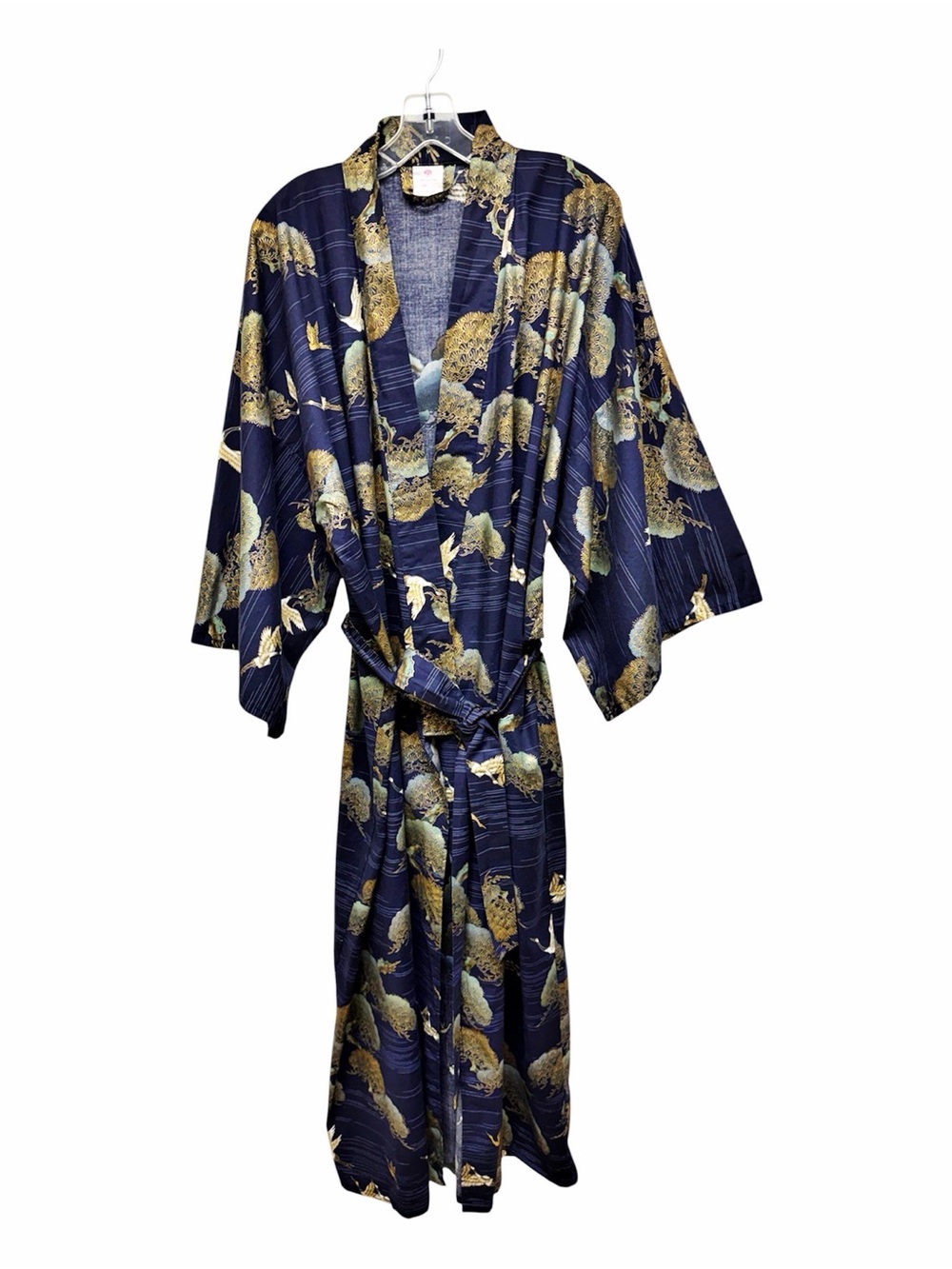 Japanese Men’s Kimono Robe Made in Japan Cotton Crane Pine Print Navy Belted
